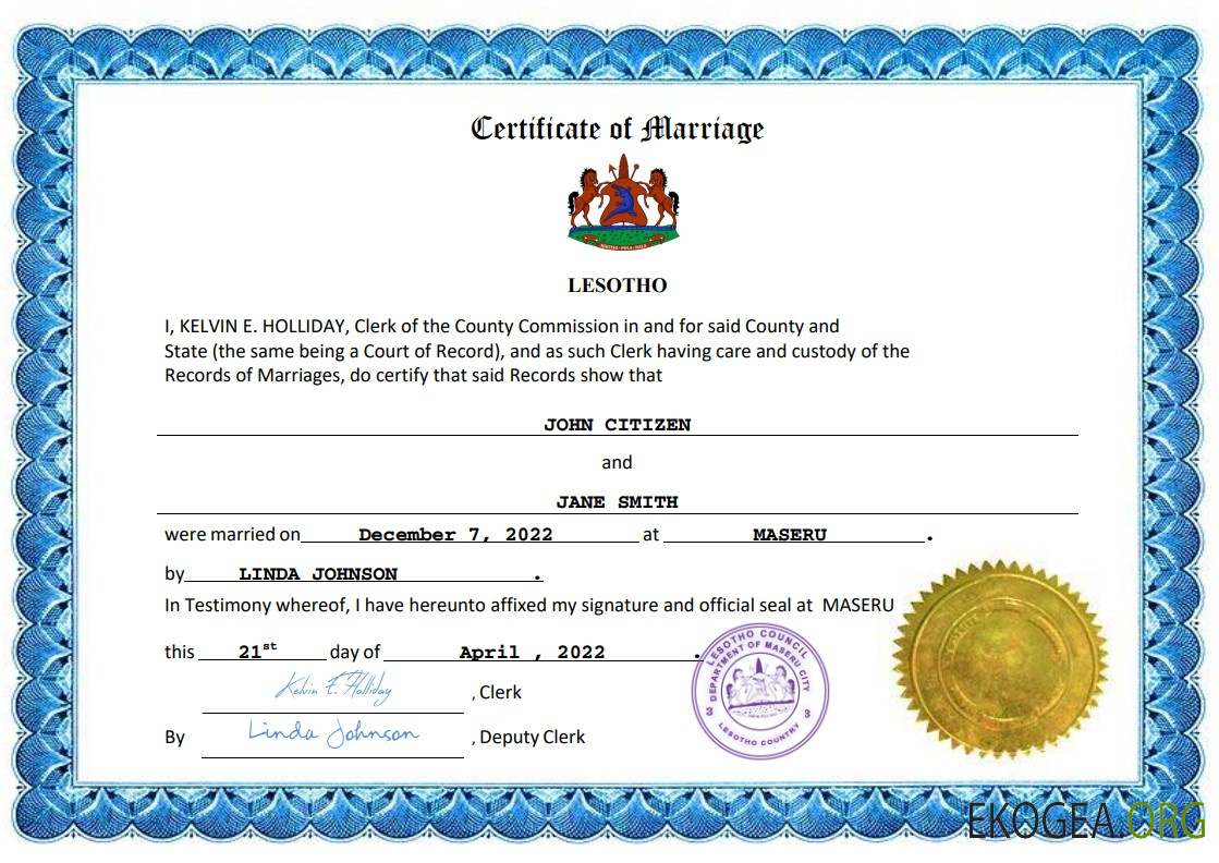Modèle Word et PDF d'acte de mariage du Lesotho